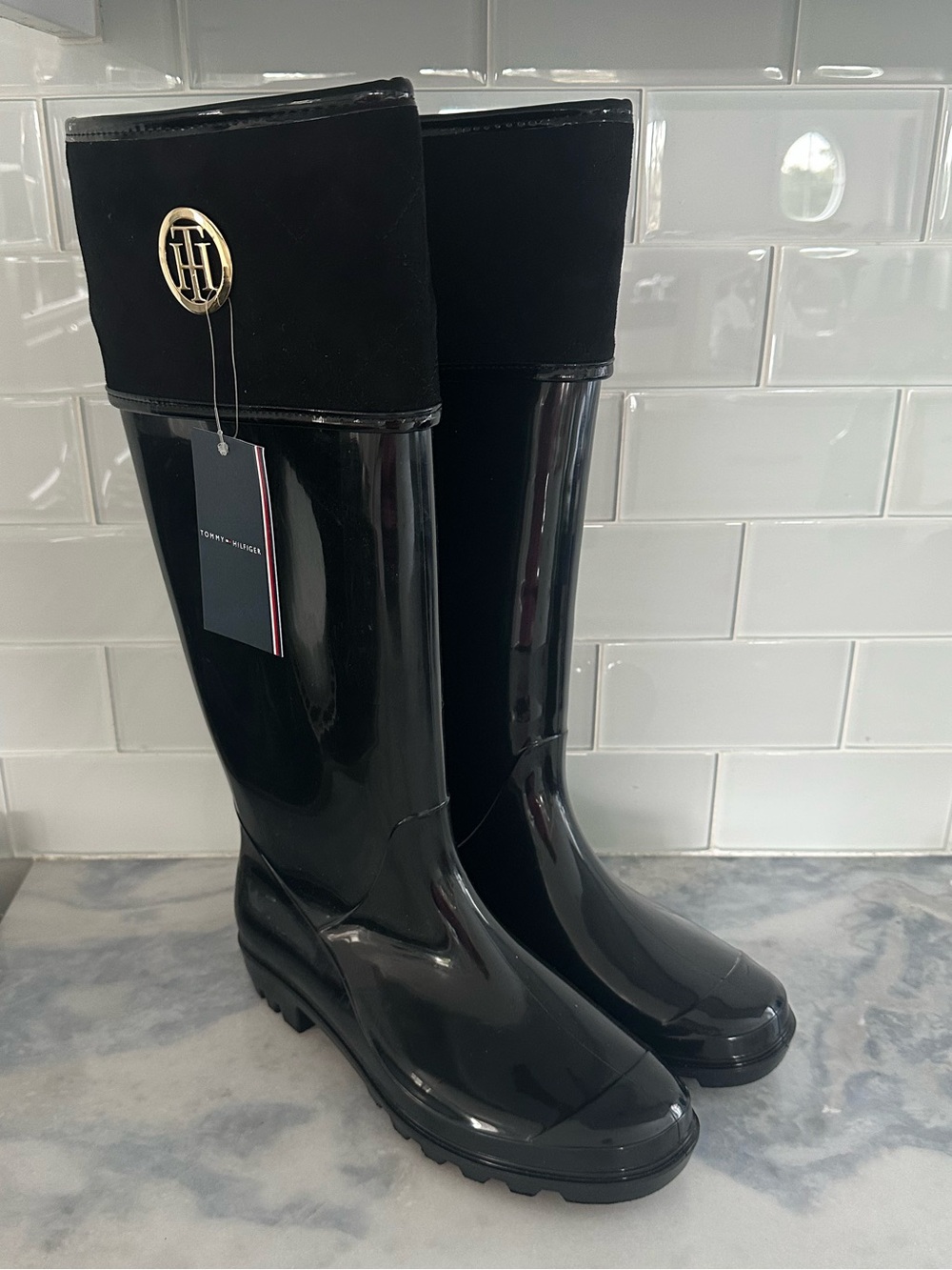 New Tommy Hilfiger Black Shiner Knee High Equestrian Rain Boots Size 10